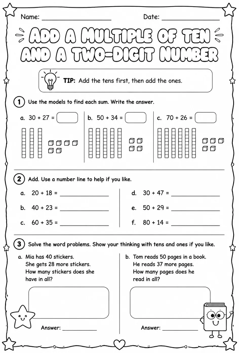 Use models to add a multiple of ten and a two-digit number — free printable Grade 1 math worksheet