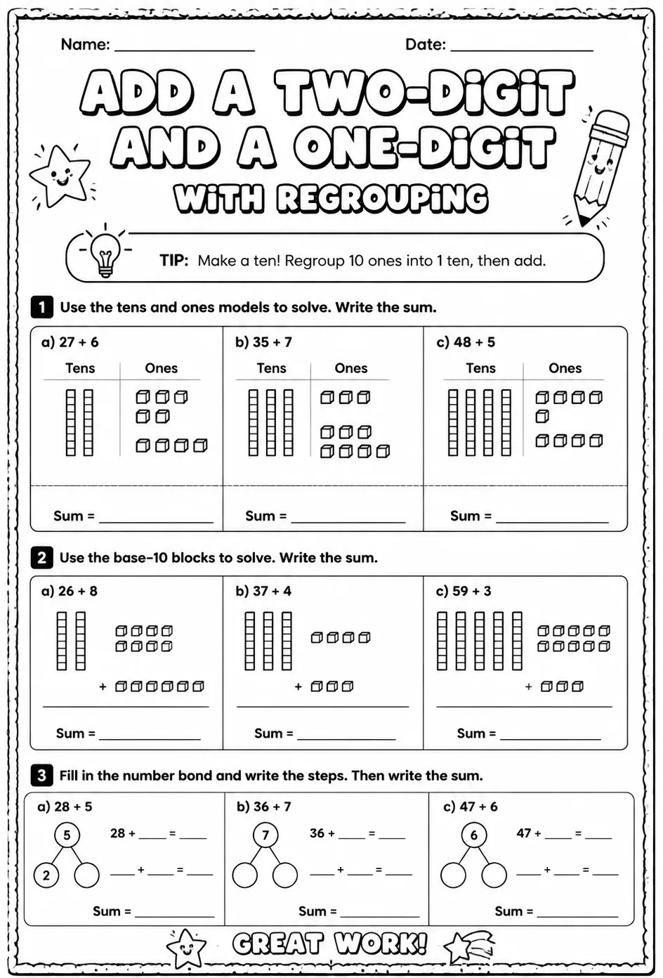 Use models to add a two-digit and a one-digit number - with regrouping — free printable Grade 1 math worksheet