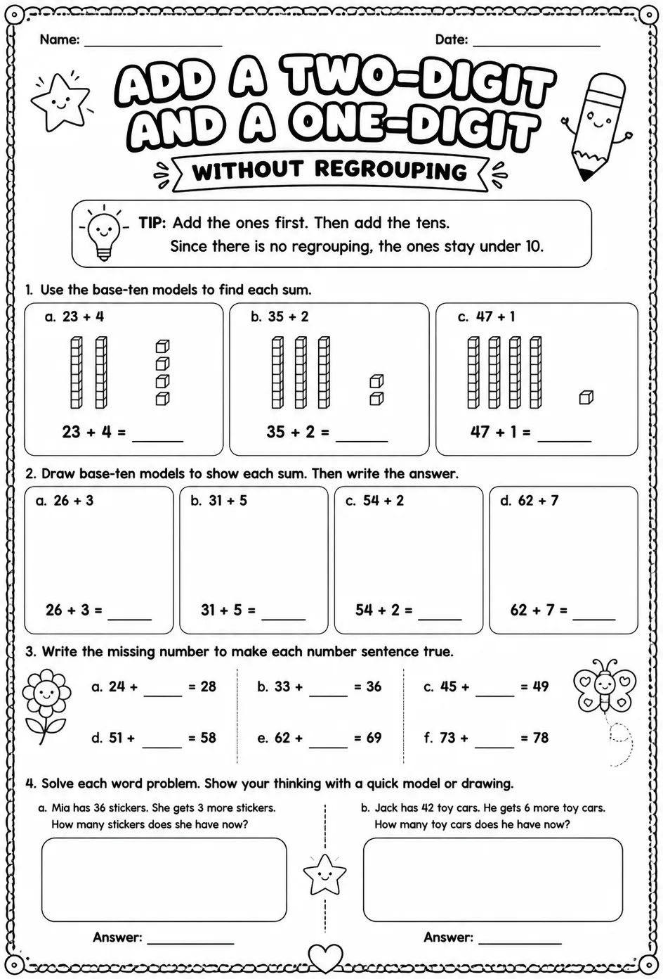 Use models to add a two-digit and a one-digit number - without regrouping — free printable Grade 1 math worksheet