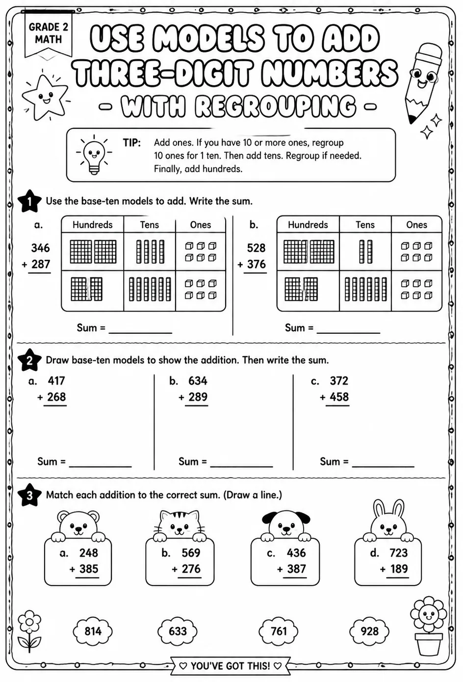 Use models to add three-digit numbers - with regrouping — free printable Grade 2 math worksheet