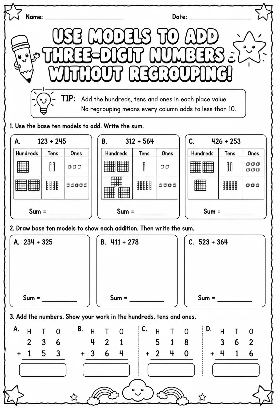 Use models to add three-digit numbers - without regrouping — free printable Grade 2 math worksheet