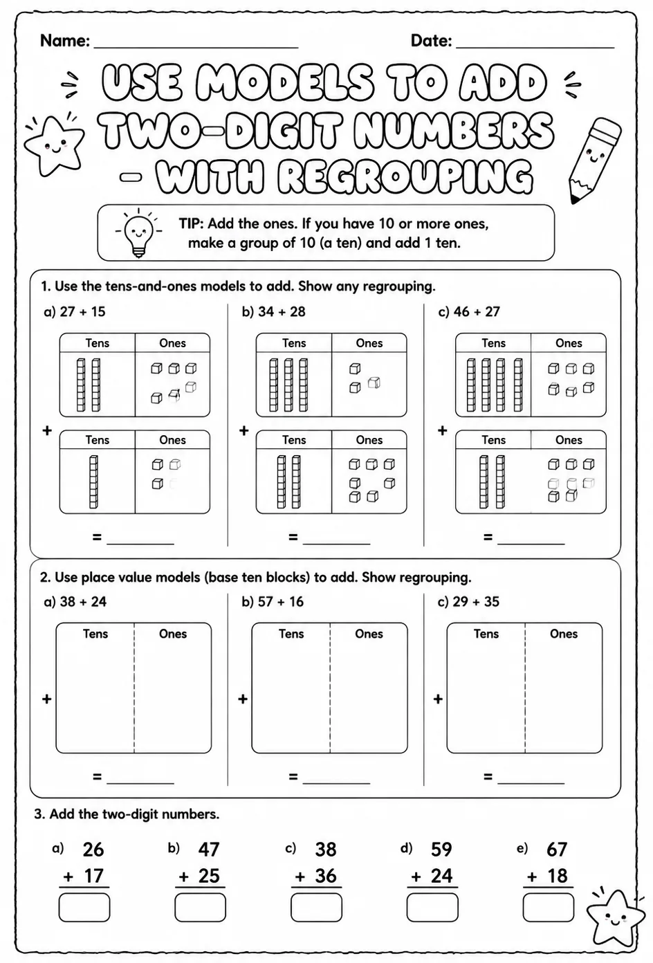 Use models to add two-digit numbers - with regrouping — free printable Grade 1 math worksheet