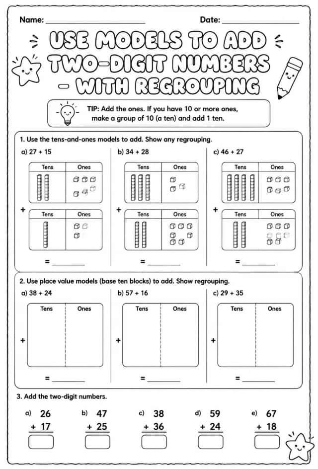 Use models to add two-digit numbers - with regrouping