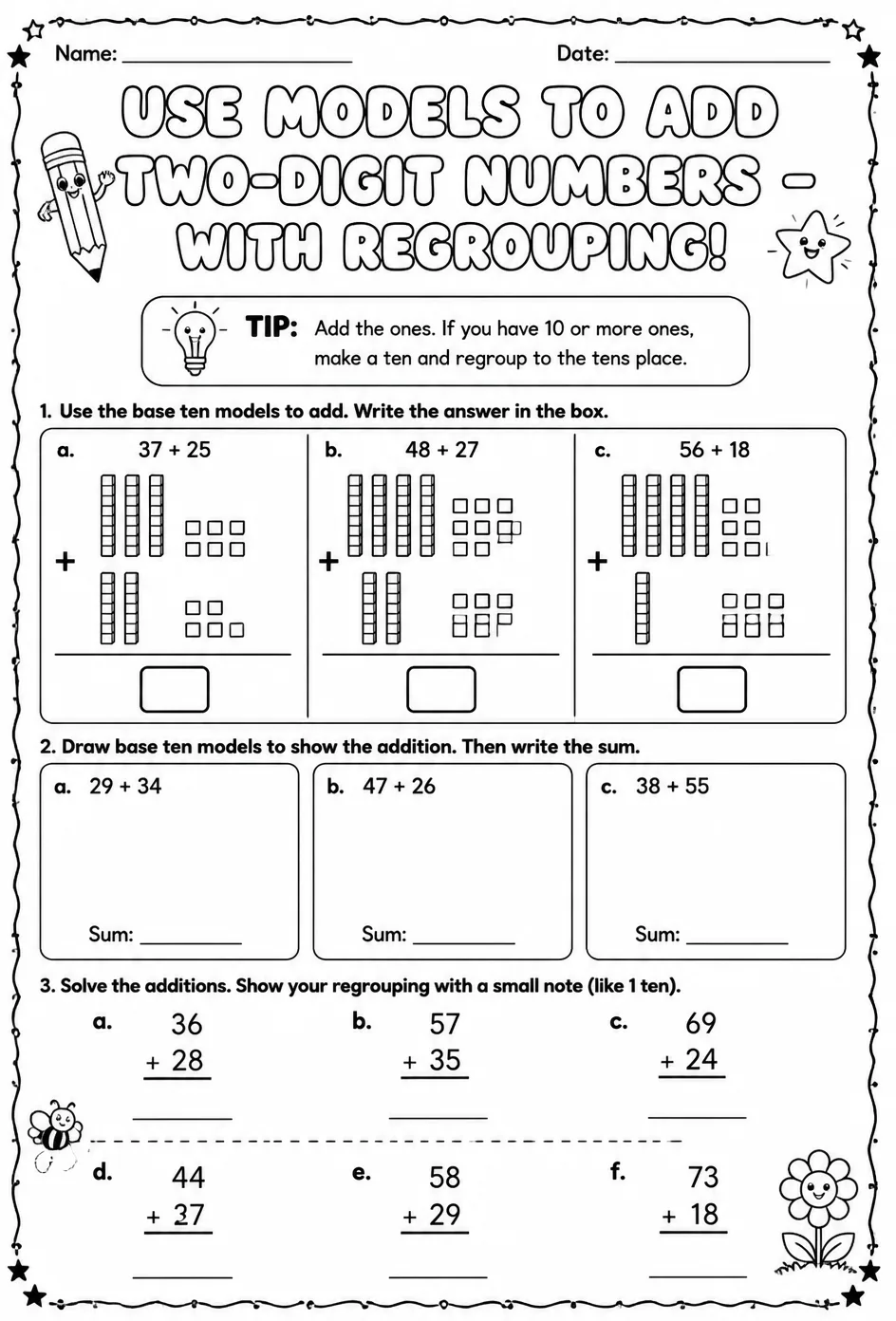 Use models to add two-digit numbers - with regrouping — free printable Grade 2 math worksheet
