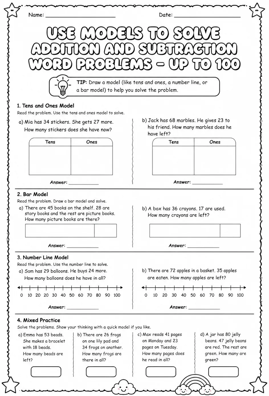 Use models to solve addition and subtraction word problems - up to 100 — free printable Grade 2 math worksheet