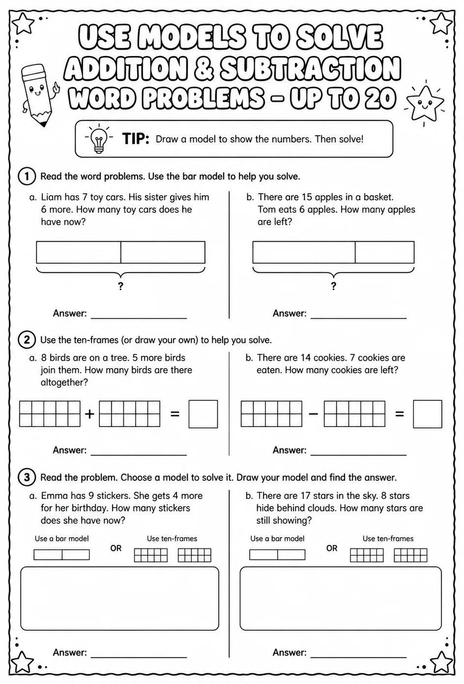 Use models to solve addition and subtraction word problems - up to 20 — free printable Grade 2 math worksheet