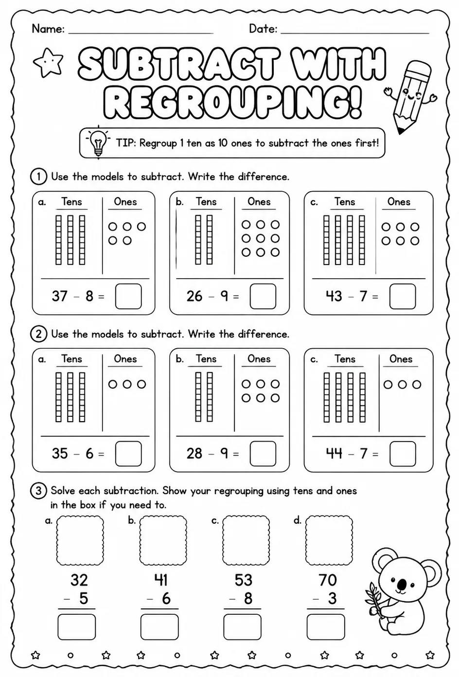 Use models to subtract a one-digit number from a two-digit number - with regrouping — free printable Grade 2 math worksheet