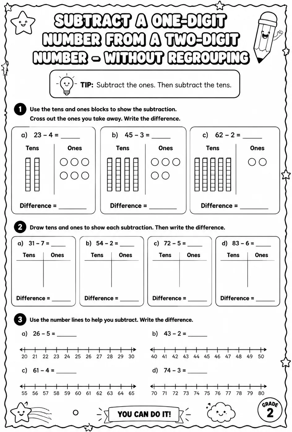 Use models to subtract a one-digit number from a two-digit number - without regrouping — free printable Grade 2 math worksheet
