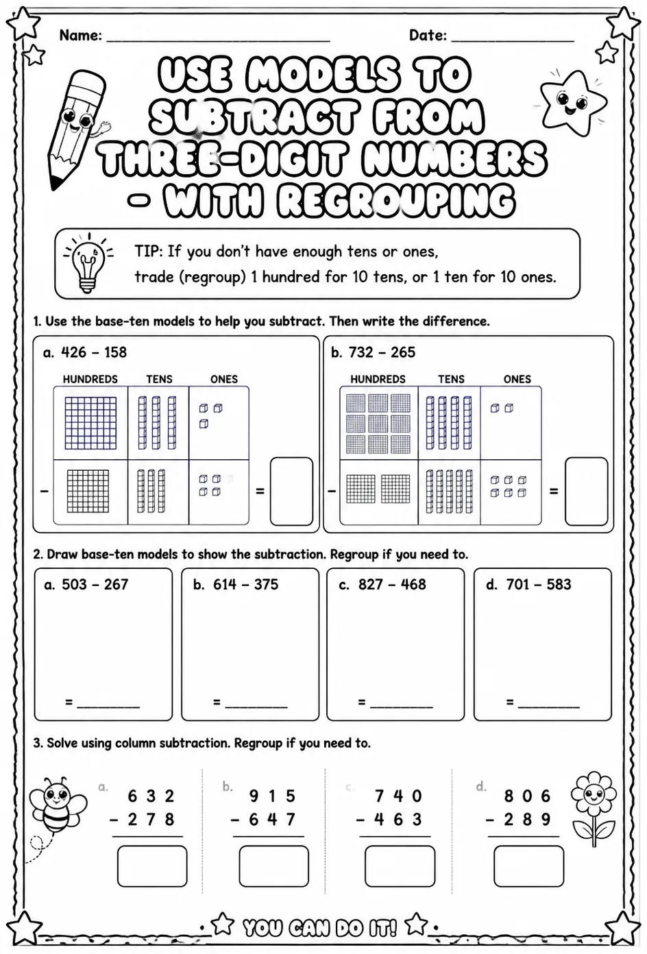 Use models to subtract from three-digit numbers - with regrouping — free printable Grade 2 math worksheet