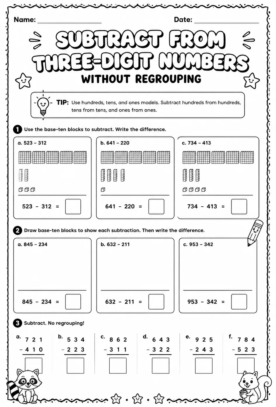 Use models to subtract from three-digit numbers - without regrouping — free printable Grade 2 math worksheet