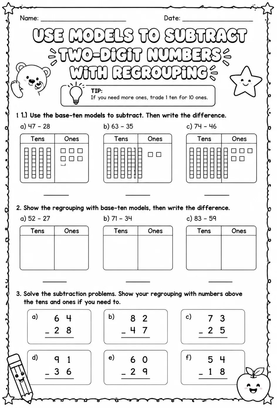 Use models to subtract two-digit numbers - with regrouping — free printable Grade 2 math worksheet