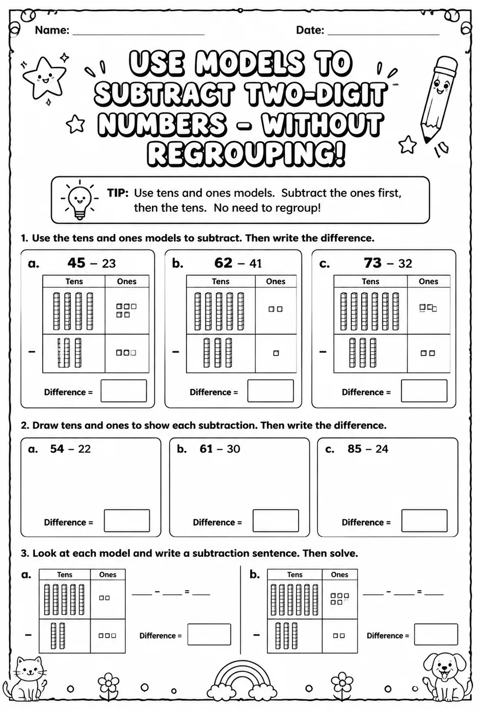 Use models to subtract two-digit numbers - without regrouping — free printable Grade 2 math worksheet