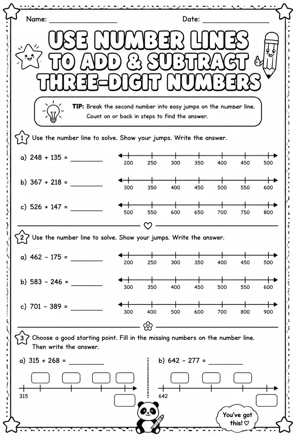Use number lines to add and subtract three-digit numbers — free printable Grade 3 math worksheet