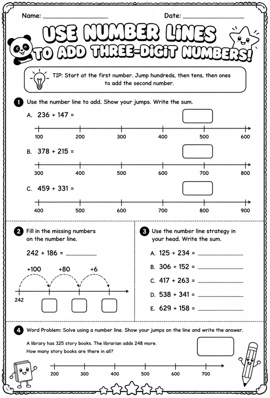Use number lines to add three-digit numbers — free printable Grade 2 math worksheet