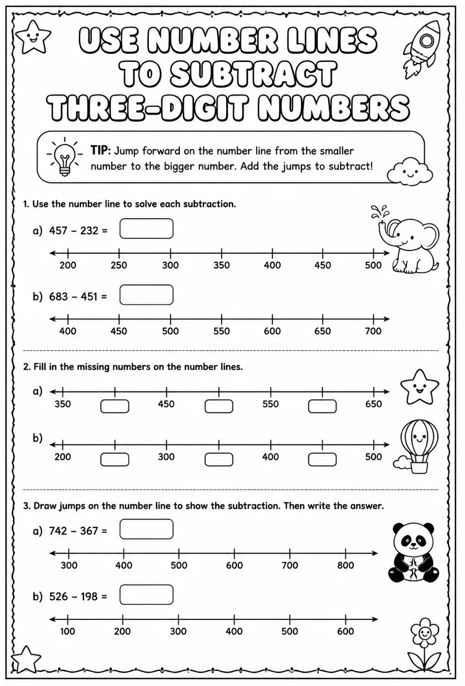 Use number lines to subtract three-digit numbers — free printable Grade 2 math worksheet