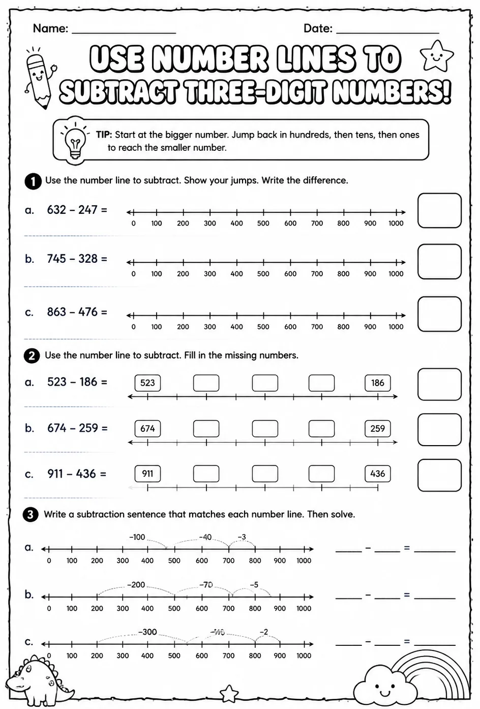 Use number lines to subtract three-digit numbers — free printable Grade 3 math worksheet