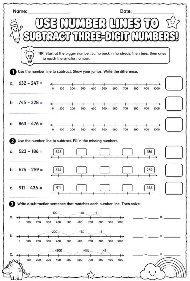 Use number lines to subtract three-digit numbers