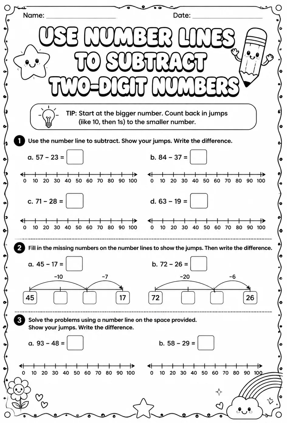 Use number lines to subtract two-digit numbers — free printable Grade 2 math worksheet