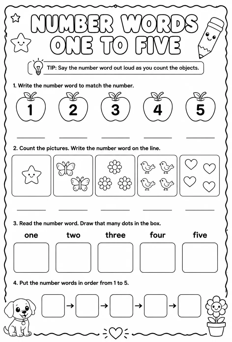 Use number words: one to five — free printable Pre-K English & Reading worksheet