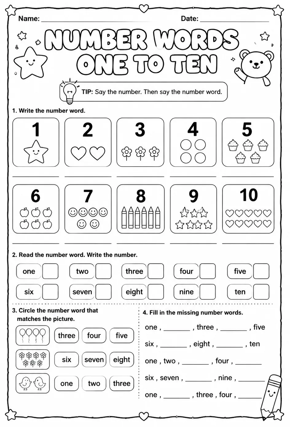 Use number words: one to ten — free printable Kindergarten English & Reading worksheet