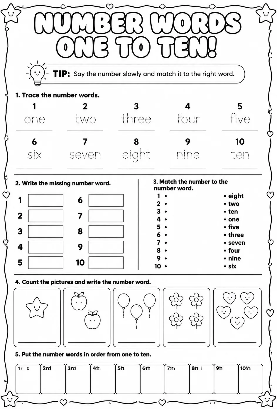 Use number words: one to ten — free printable Pre-K English & Reading worksheet