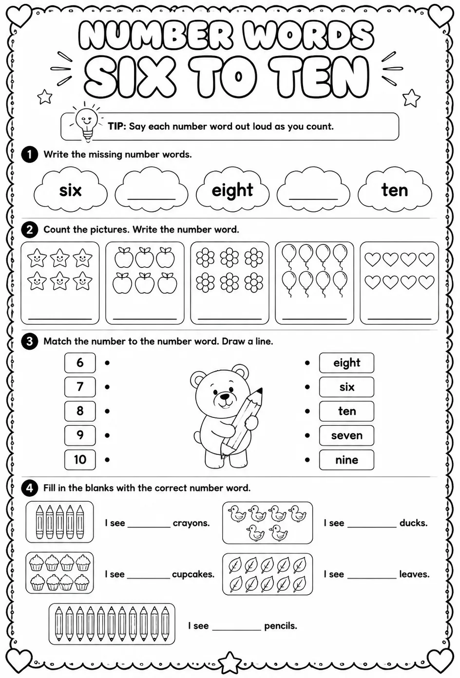 Use number words: six to ten — free printable Pre-K English & Reading worksheet
