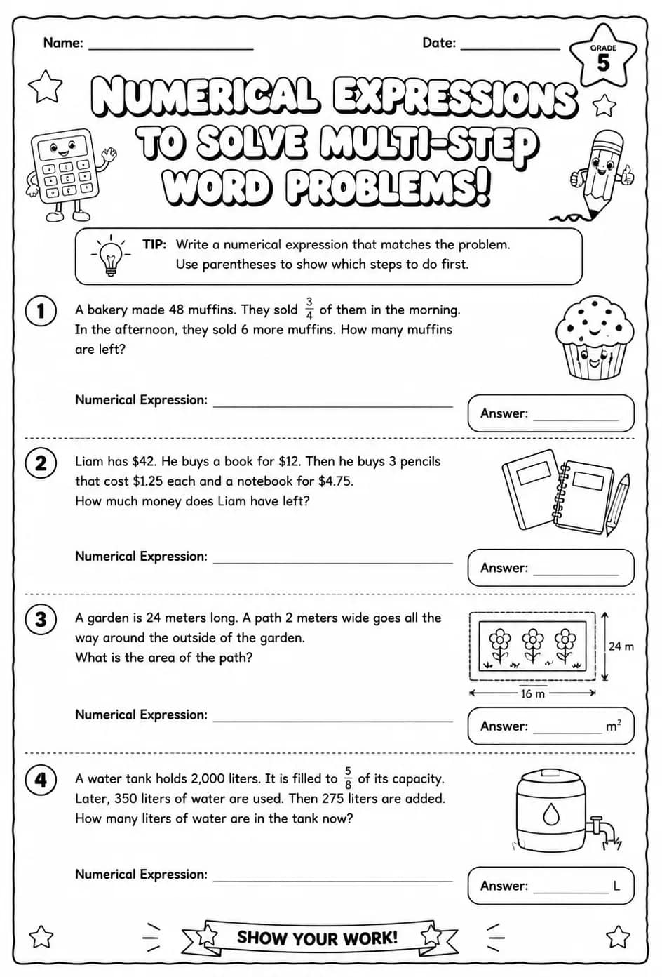 Use numerical expressions to solve multi-step word problems — free printable Grade 5 math worksheet