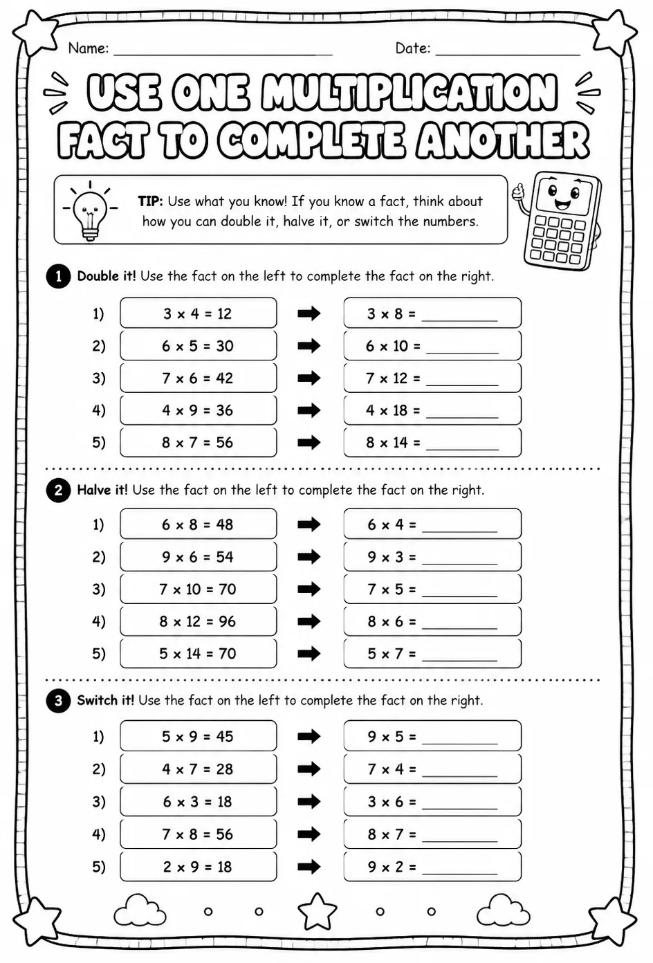Use one multiplication fact to complete another — free printable Grade 4 math worksheet