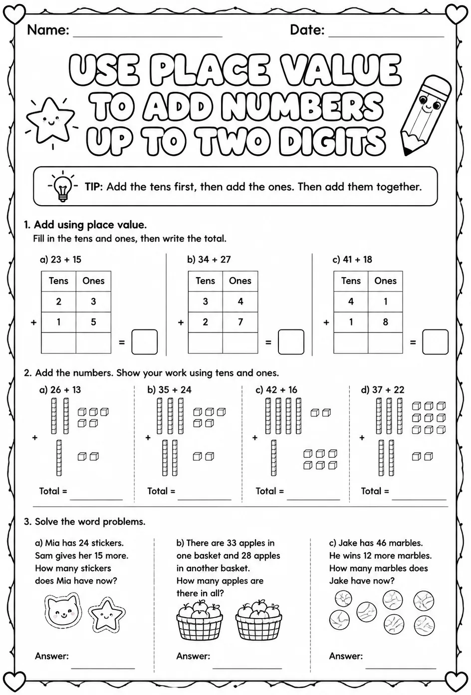 Use place value to add numbers up to two digits — free printable Grade 1 math worksheet