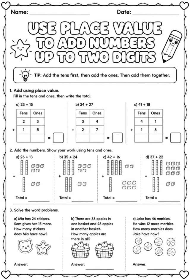 Use place value to add numbers up to two digits