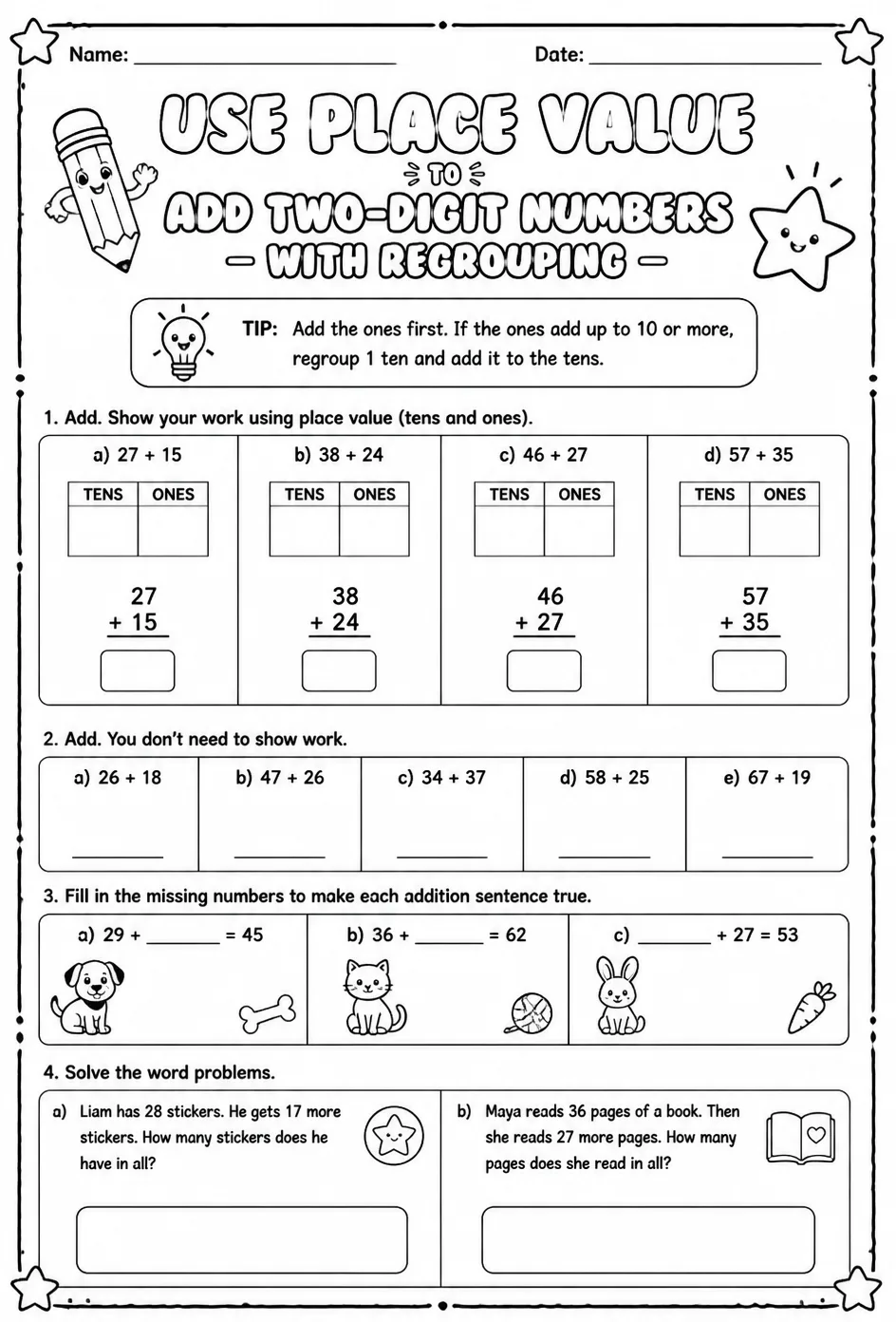 Use place value to add two-digit numbers - with regrouping — free printable Grade 1 math worksheet