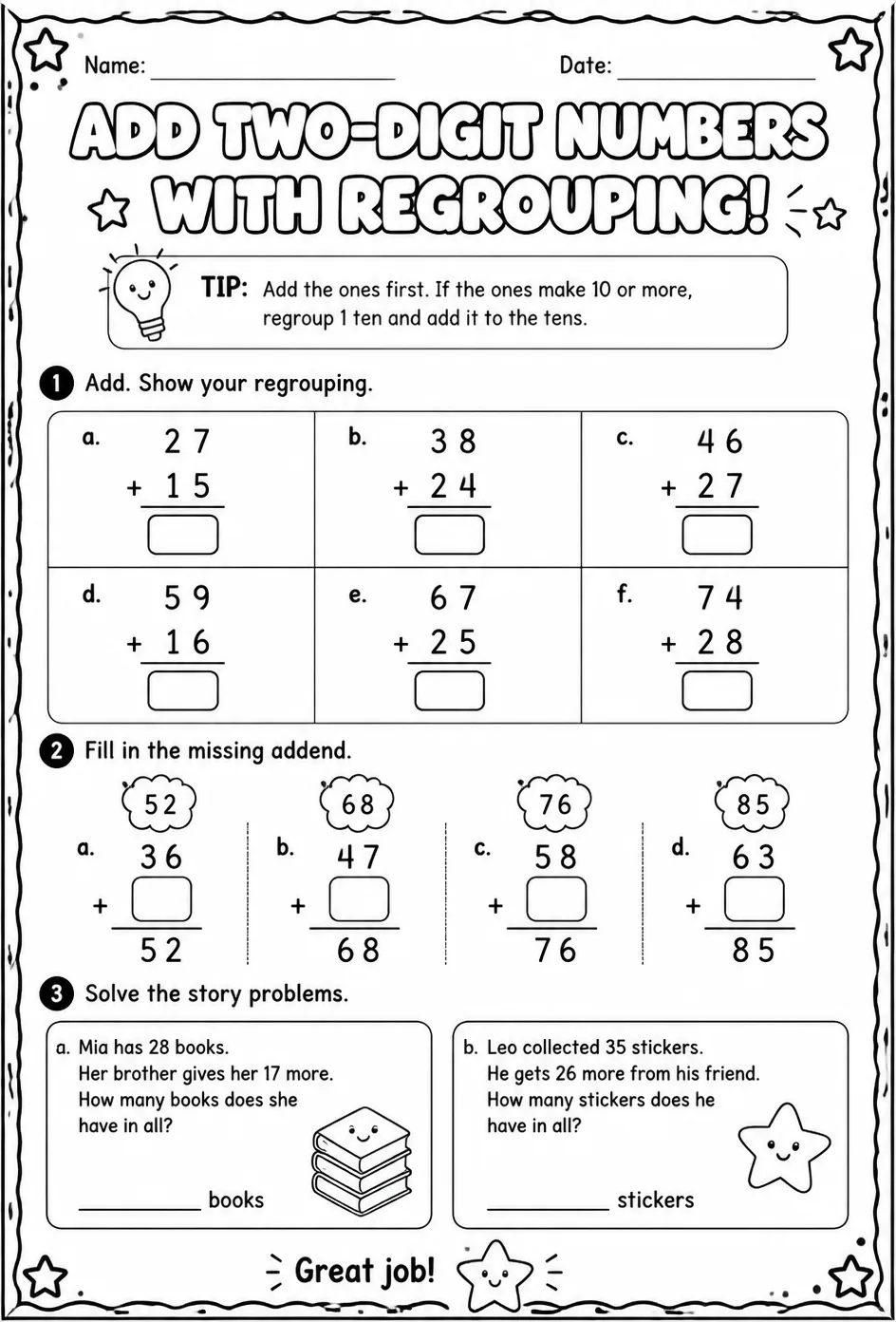 Use place value to add two-digit numbers - with regrouping — free printable Grade 2 math worksheet