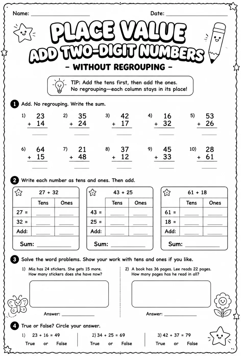 Use place value to add two-digit numbers - without regrouping — free printable Grade 2 math worksheet