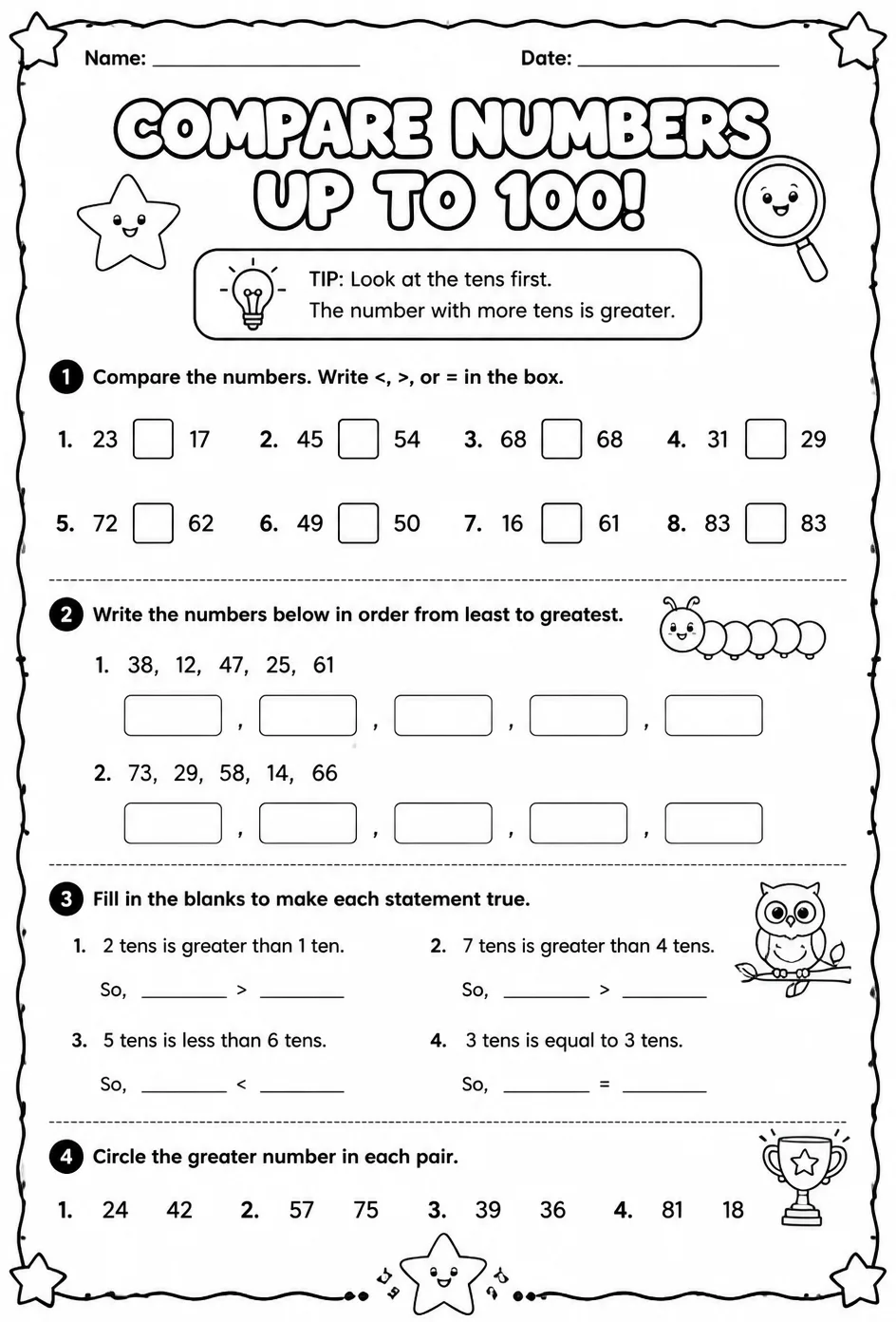 Use place value to compare numbers up to 100 — free printable Grade 1 math worksheet