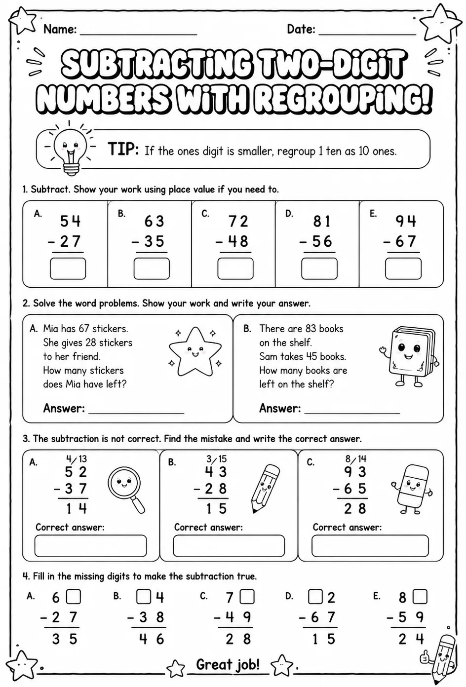 Use place value to subtract two-digit numbers - with regrouping — free printable Grade 2 math worksheet