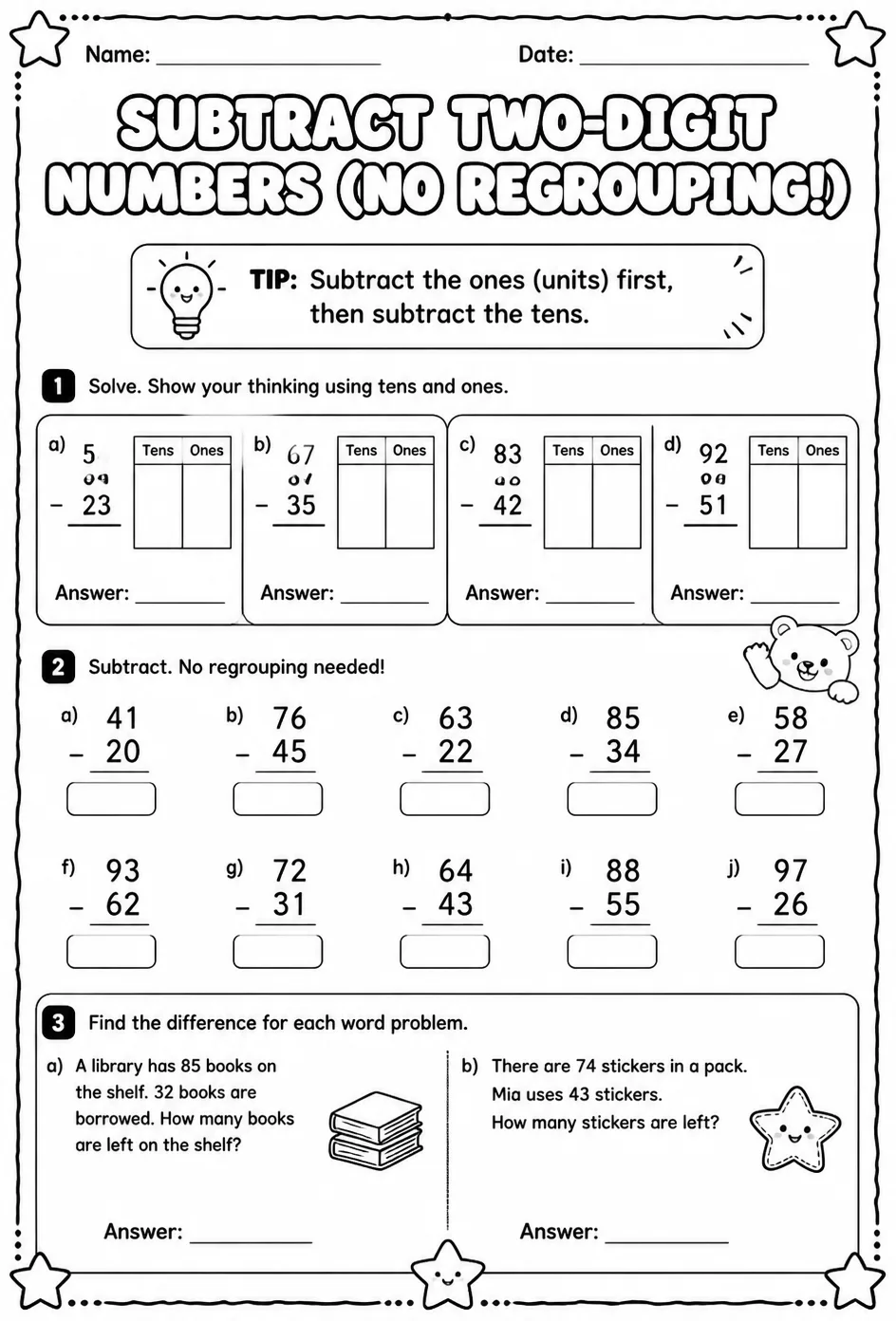 Use place value to subtract two-digit numbers - without regrouping — free printable Grade 2 math worksheet