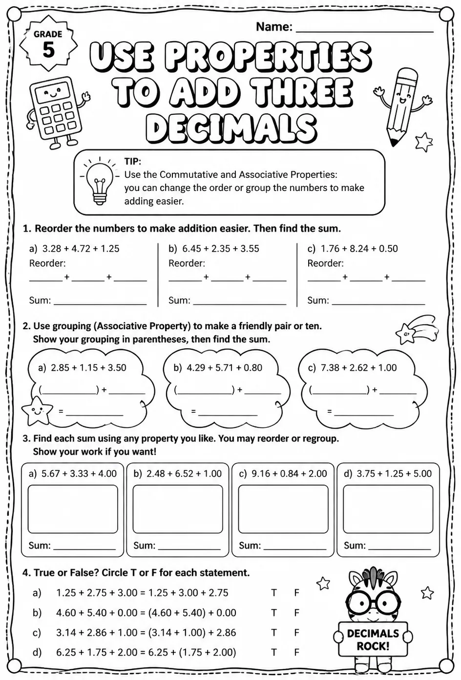 Use properties to add three decimals — free printable Grade 5 math worksheet