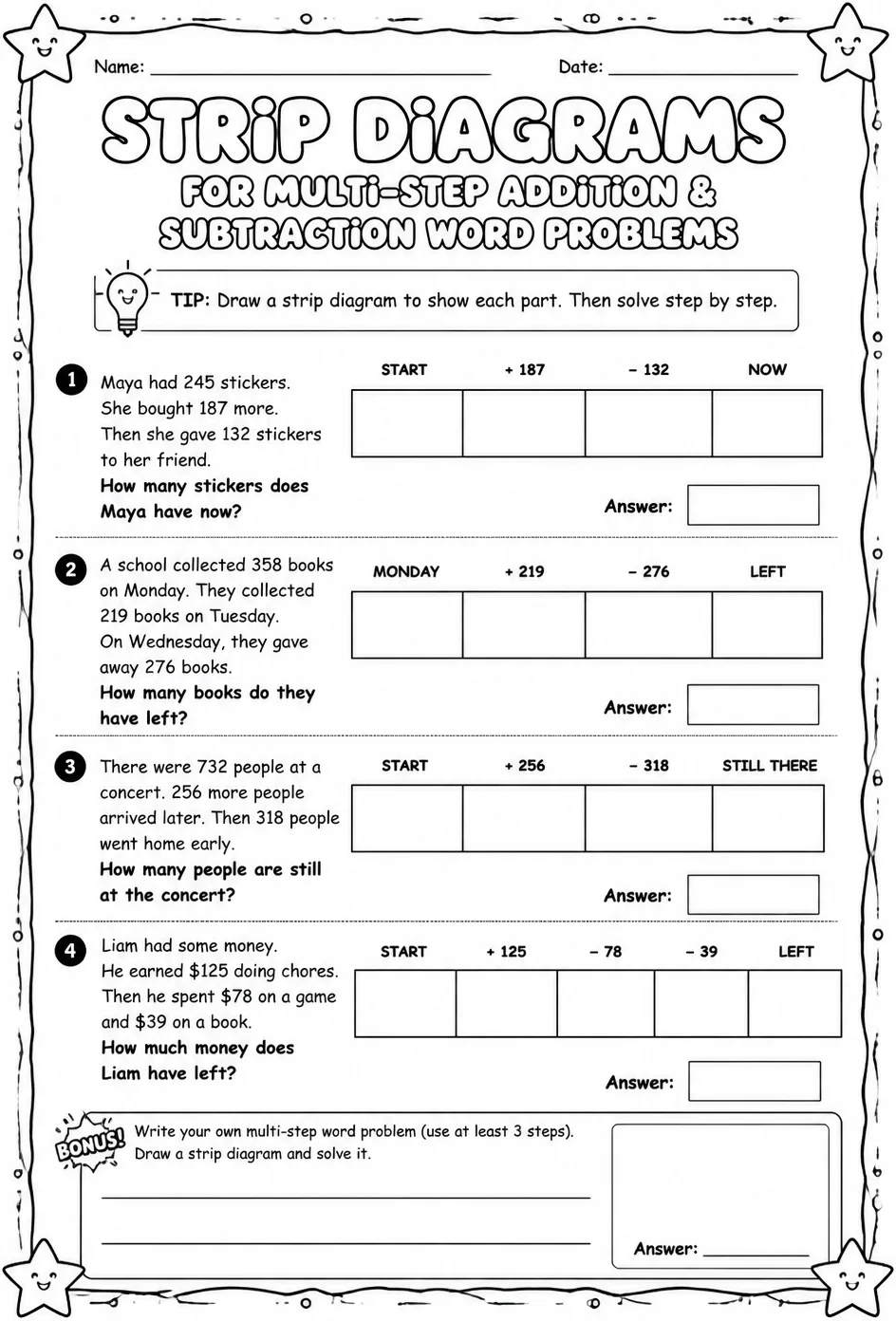 Use strip diagrams to represent and solve multi-step addition and subtraction word problems — free printable Grade 4 math worksheet
