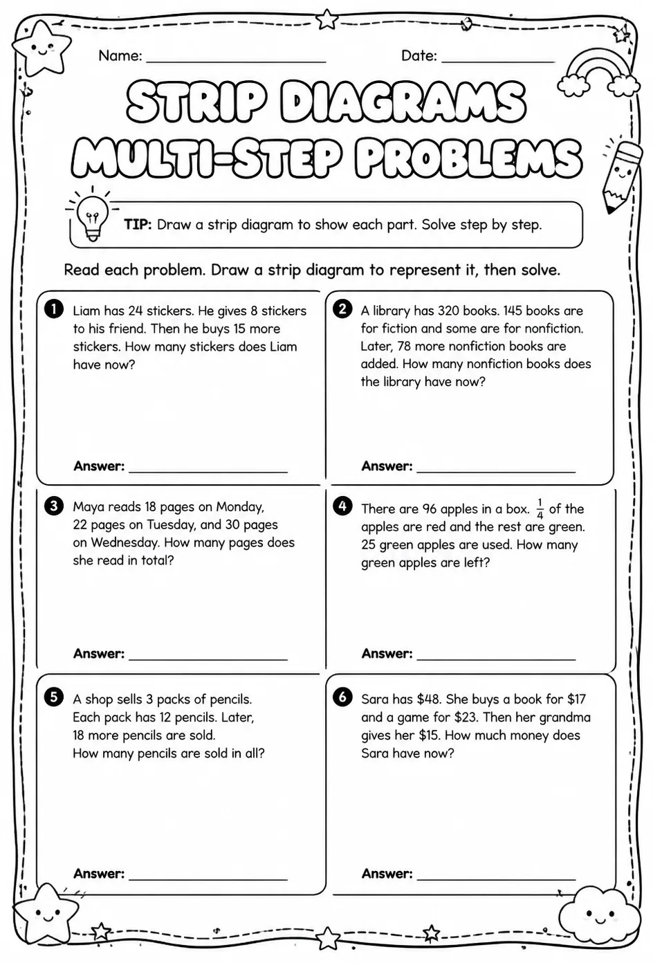 Use strip diagrams to represent and solve multi-step word problems — free printable Grade 4 math worksheet