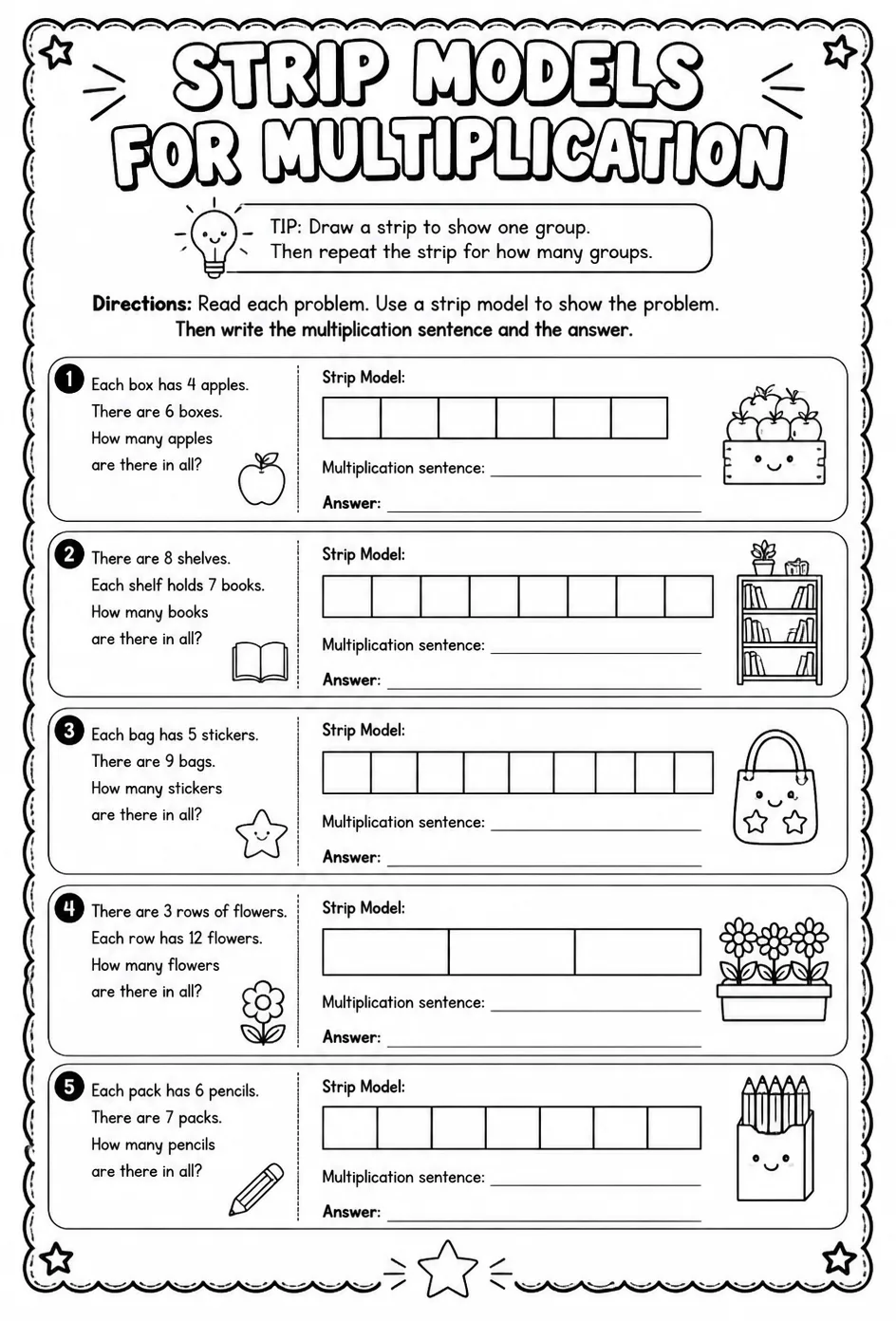 Use strip models to solve multiplication word problems — free printable Grade 3 math worksheet