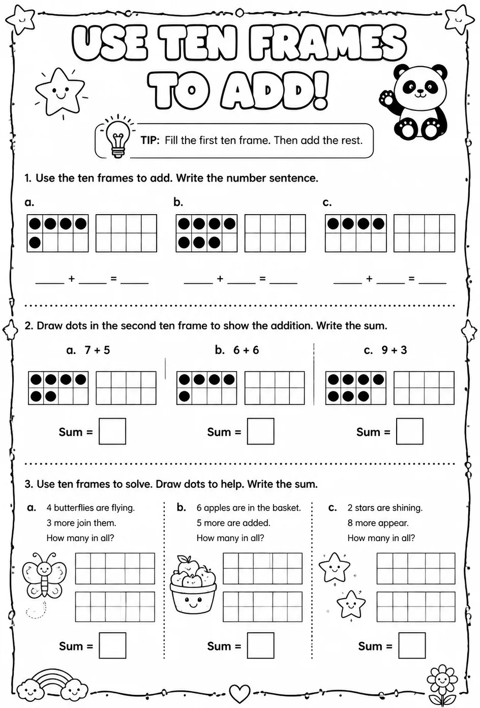 Use ten frames to add — free printable Grade 1 math worksheet