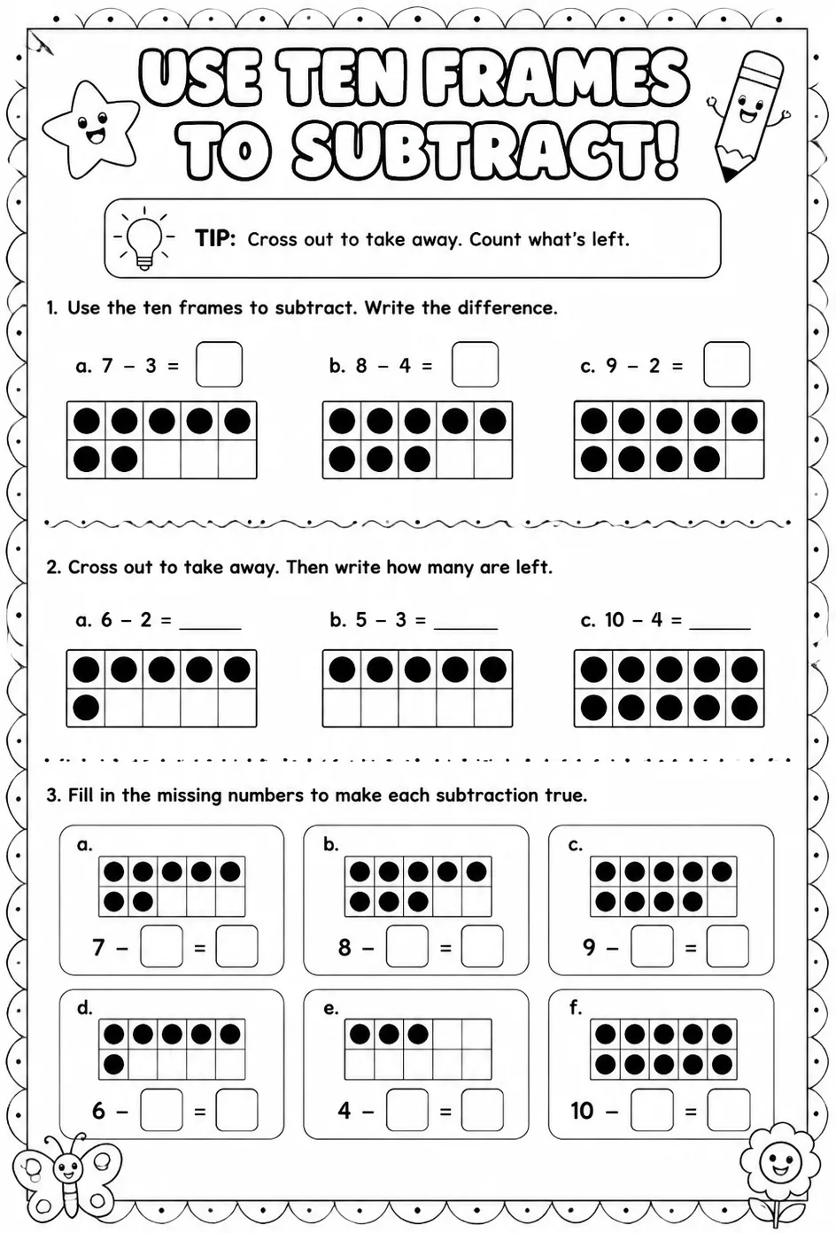 Use ten frames to subtract — free printable Grade 1 math worksheet