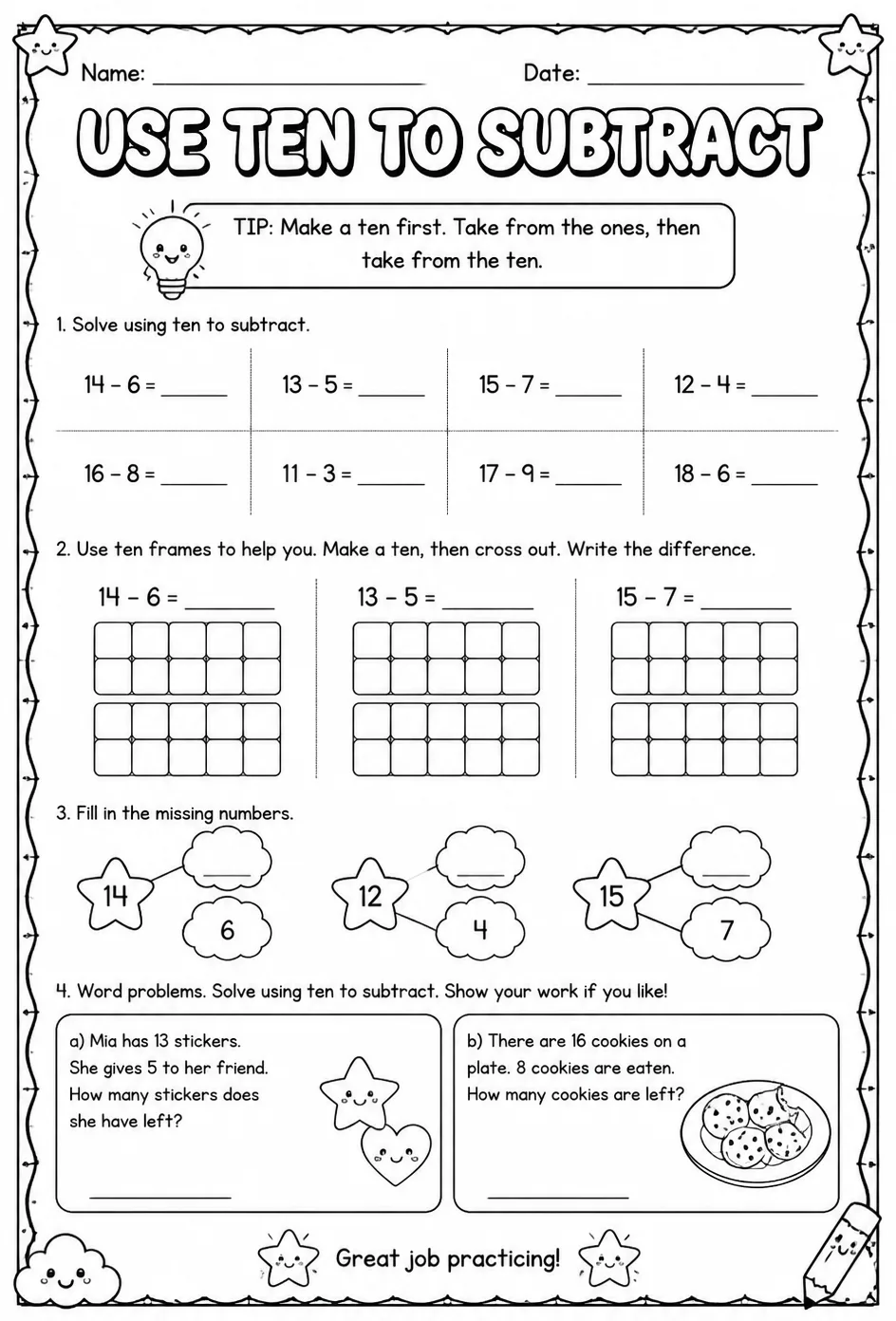 Use ten to subtract — free printable Grade 1 math worksheet