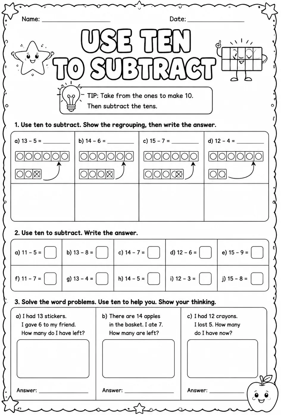 Use ten to subtract — free printable Grade 2 math worksheet