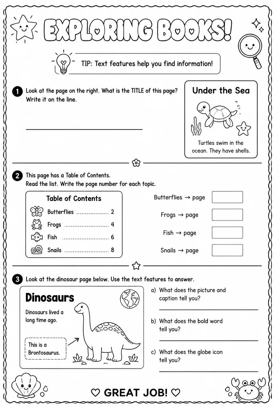 Use text features — free printable Kindergarten English & Reading worksheet