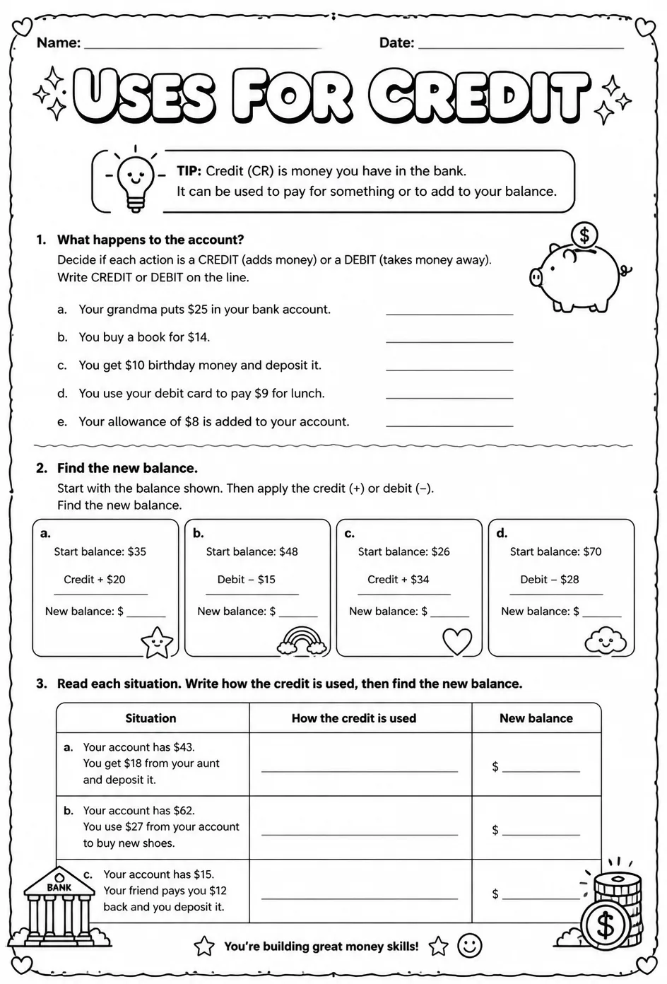 Uses for credit — free printable Grade 3 math worksheet