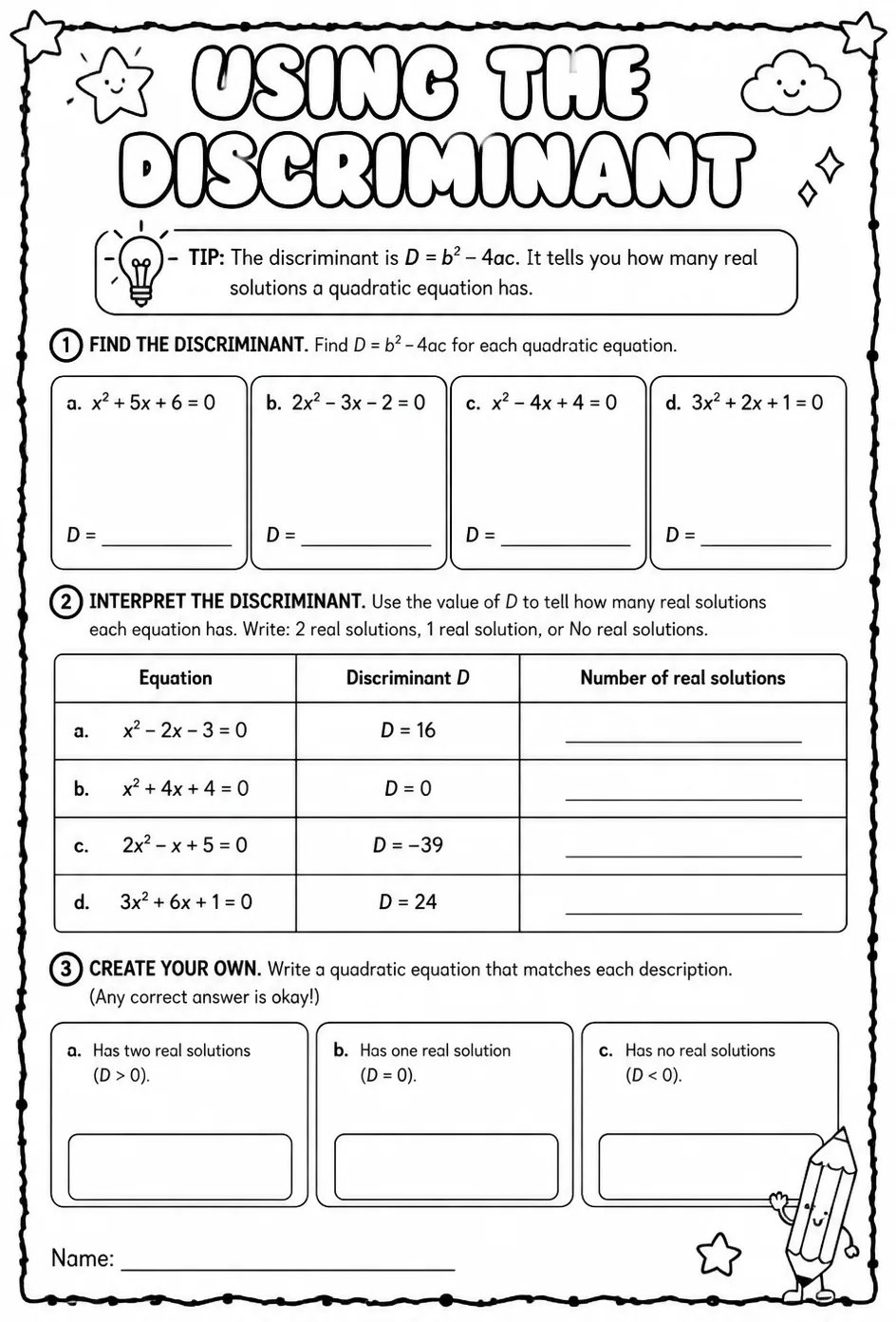 Using the discriminant — free printable Algebra 1 math worksheet