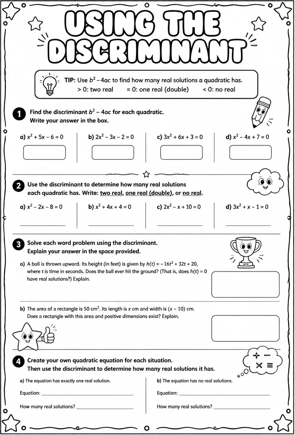 Using the discriminant — free printable Algebra 2 math worksheet