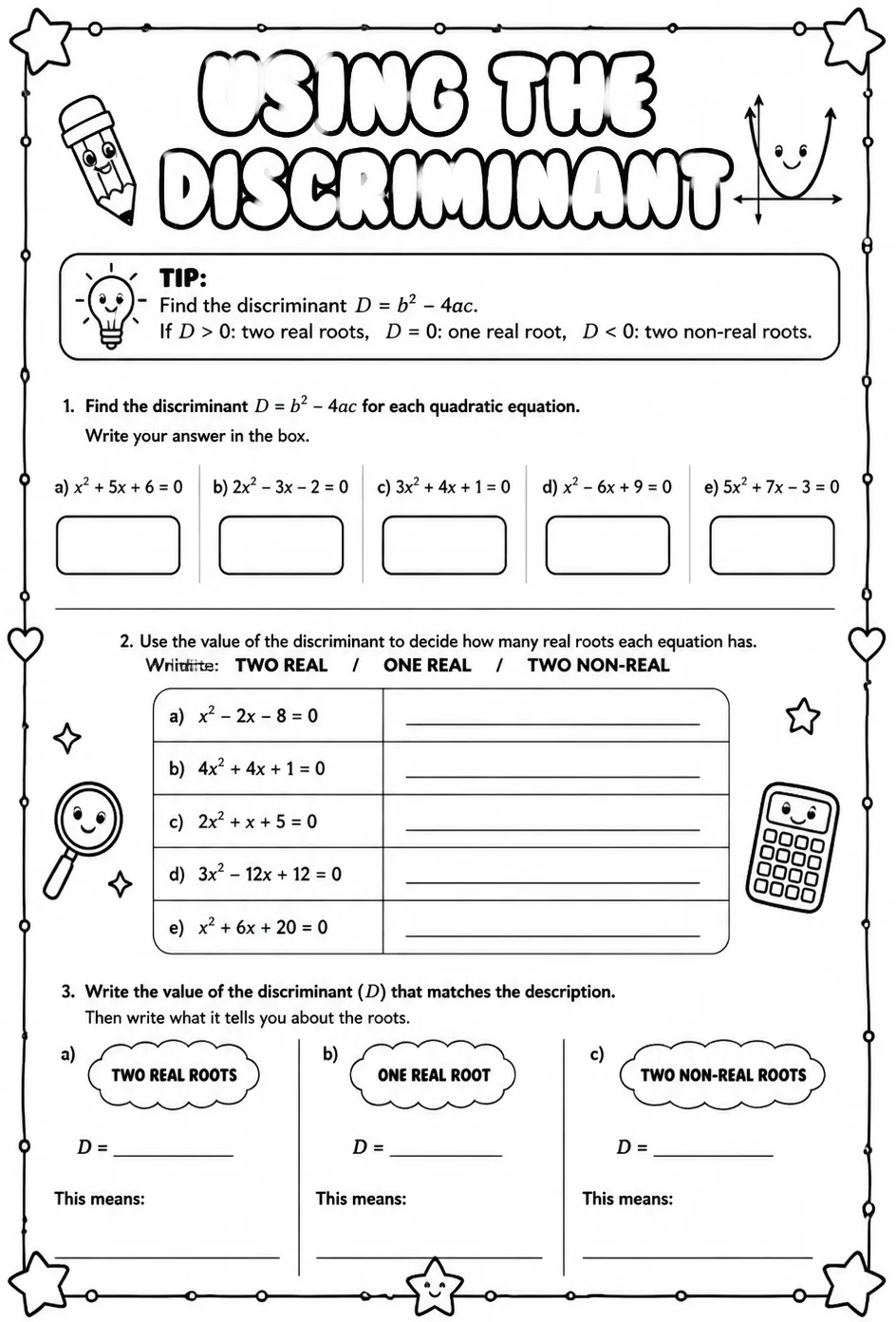 Using the discriminant — free printable Precalculus math worksheet