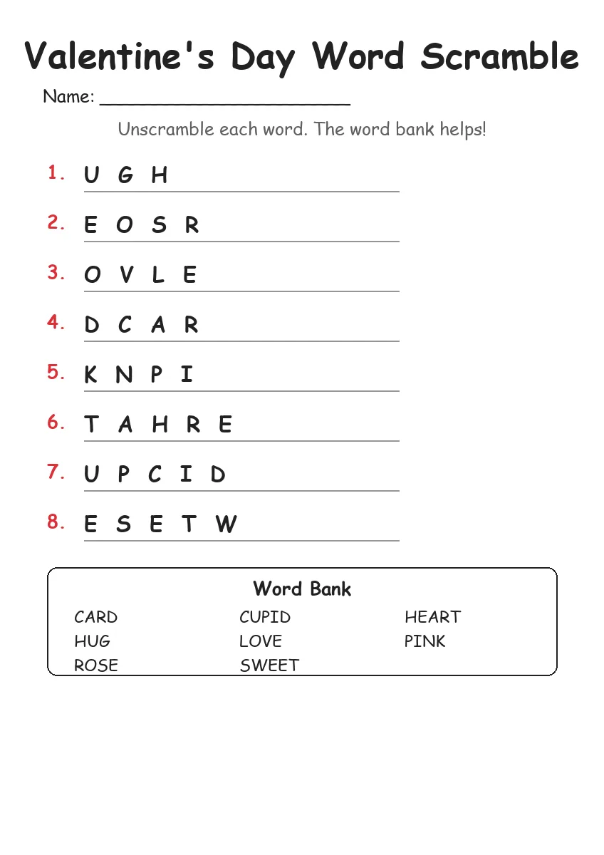 Valentine's Day Word Scramble (Grade 1)